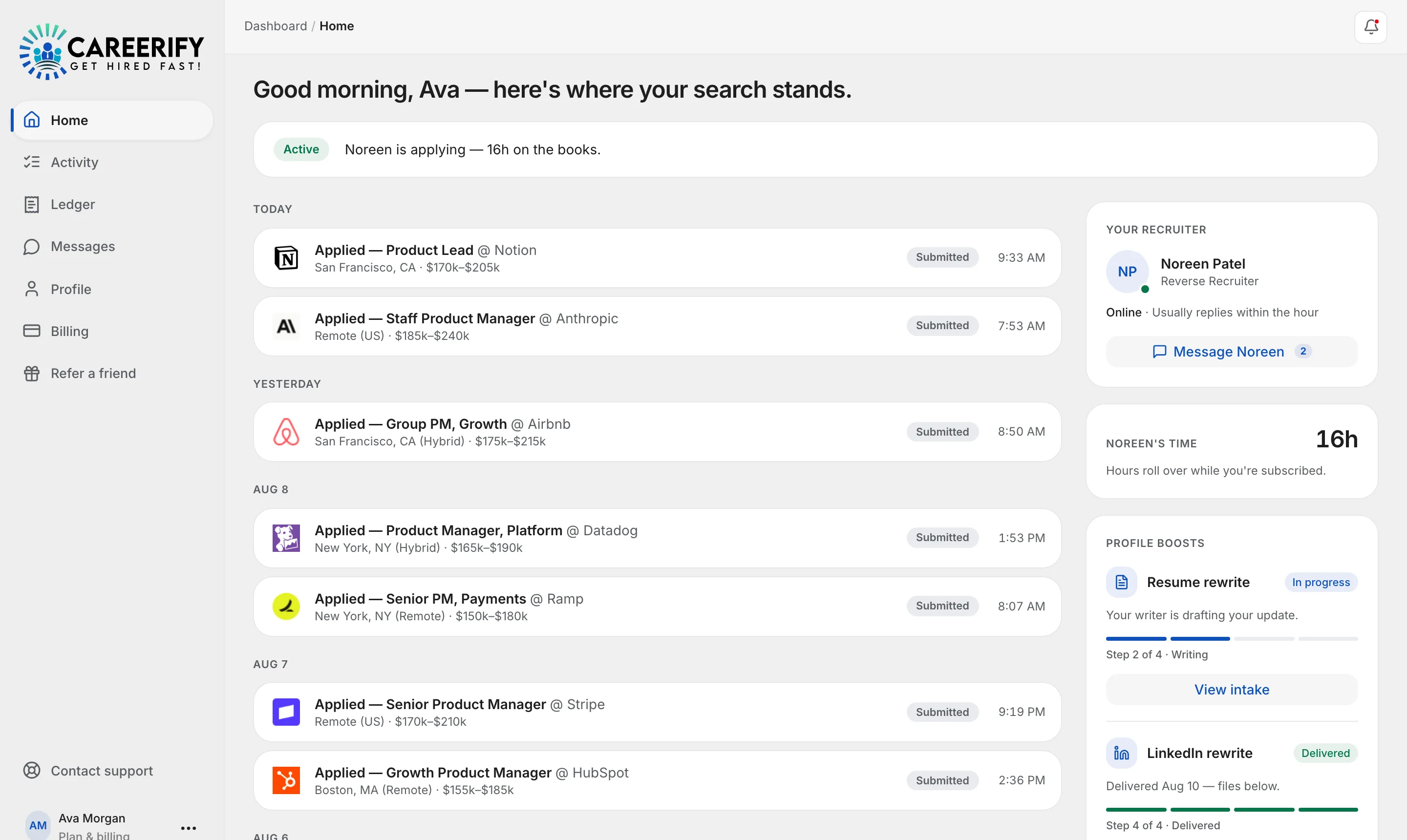 The Careerify dashboard: a dated feed of submitted applications with company logos, a recruiter card showing Noreen Patel online, and an hours meter