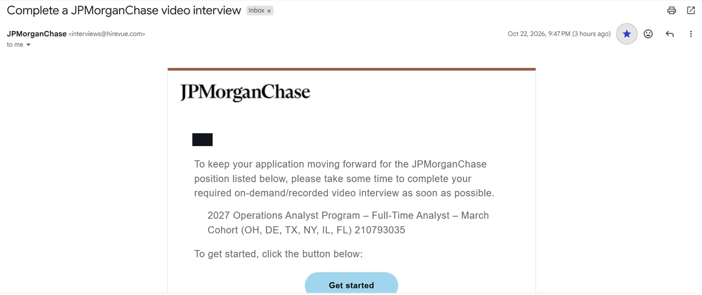 Interview email from JPMorganChase for the 2027 Operations Analyst Program role, with names and contact details blacked out