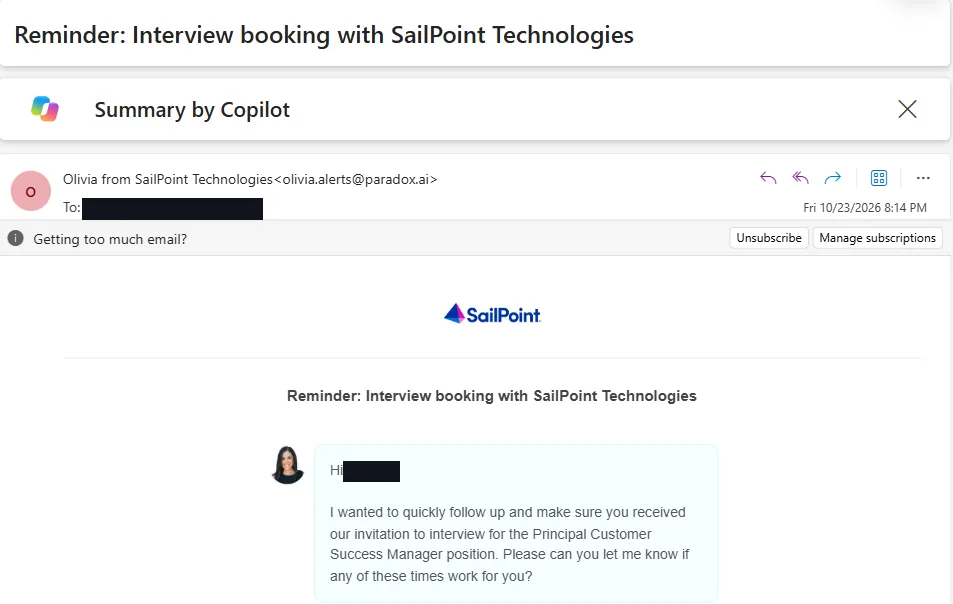Interview email from SailPoint for the Principal Customer Success Manager role, with names and contact details blacked out