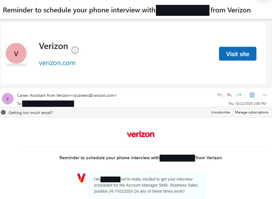 Interview email from Verizon for the Account Manager, SMB Business Sales role, with names and contact details blacked out